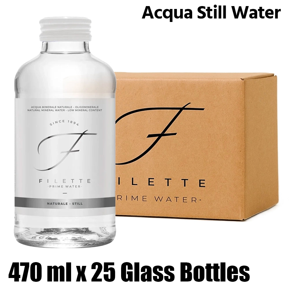 Acqua filette still water, glass bottles, italy, 1 box (25 bottles x 470ml each)