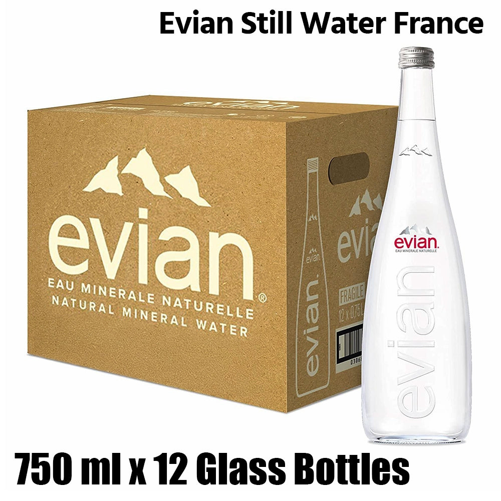 Evian still water, glass bottles, france, 1 box (12 bottles x 750ml each)
