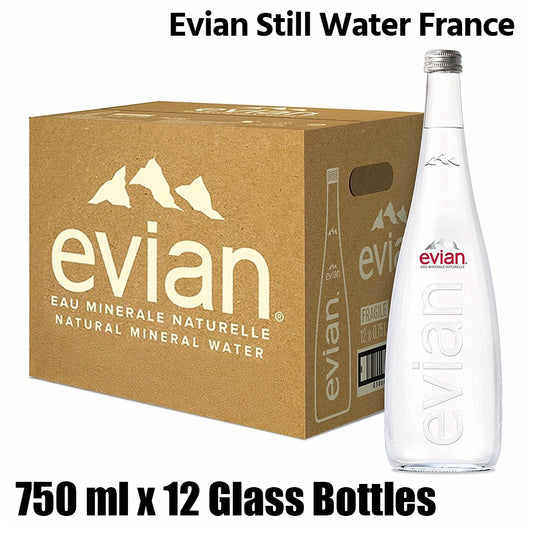 Evian still water, glass bottles, france, 1 box (12 bottles x 750ml each)